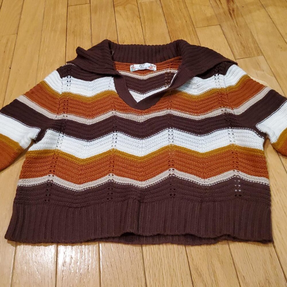 Girls Long Sleeve Crop Top Fall Colors with Collar ZigZag Striped